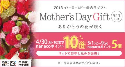 omni7 イトーヨーカドーネット通販 2018 イトーヨーカドー母の日ギフト Mother's Day Gift 5.13（日） 伝えきれない思いを花に込めて。 4/30（月・祝）まで nanacoポイント 10倍 5/1（火）～9（水） nanacoポイント 5倍 ネットでお申し込みがお得！ ※一部対象外商品がございます。